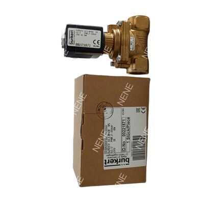 Van điện từ AC220V BURKERT loại 6281 00221963 G1 1/4 2/2 Thường đóng Thân đồng thau Chế độ ghi đè thủ công Lỗ 25.0 Phớt NBR 8W 0.2-16bar -10 đến +80 độ C