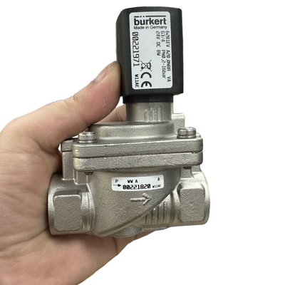 Van điện từ Burkert chịu nhiệt độ cao, tải nặng, mã 00323986 00323987 00323988 00323989, loại 6281 2/2 NC, có trợ lực servo, điều khiển bằng tay, cổng G1 1/2 G2, lưu lượng 40.0, gioăng FKM