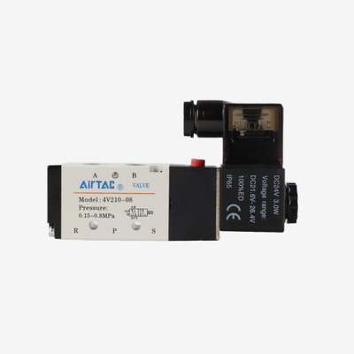 Van điện từ khí nén Airtac 4V110-M5 5/2 chiều, pilot nội, ren M5, chống nước IP65, áp suất làm việc 0.15-0.8Mpa, áp suất kiểm tra 1.2Mpa, không cần bôi trơn