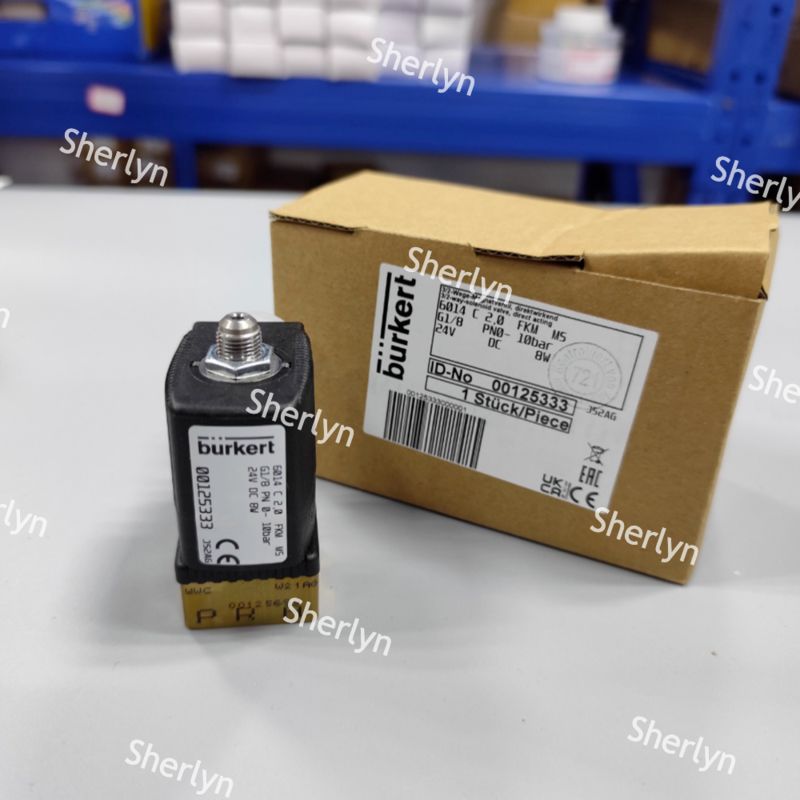 Van điện từ hai vị trí ba ngả Burkert 00125334, dòng 6014, loại C, thường đóng, thân van bằng đồng thau G1/8