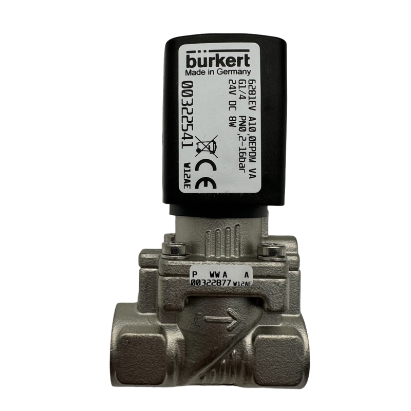 Van điện từ màng servo lưu lượng lớn Burkert loại 6281 00222022 00222023 00222024 Ren G1 1/4 Van thép không gỉ NC 2/2 Thân van bằng thép không gỉ Gioăng EPDM Lỗ thông 25.0 Cuộn dây 8W DC24V/AC24V/AC220V
